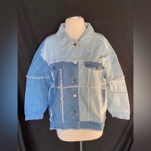 Women’s Color Block Frayed Hem Denim Jacket Large